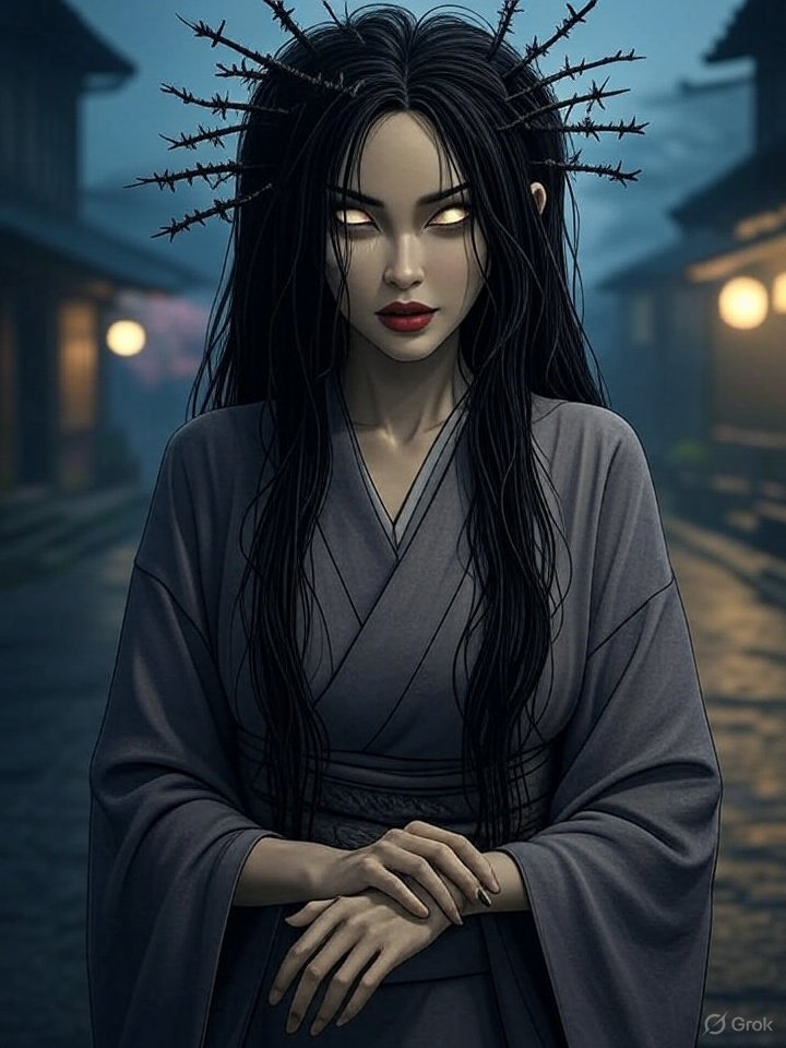 Japanese yokai woman with deadly hair