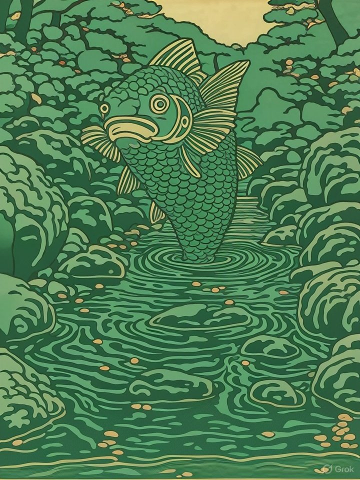 Bald yokai figure near water